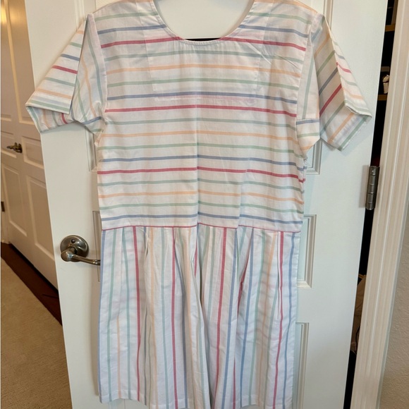 LAKE Dresses & Skirts - White Stripe Casual Short-Sleeve Cotton Dress with Pastel Multicolor Stripes